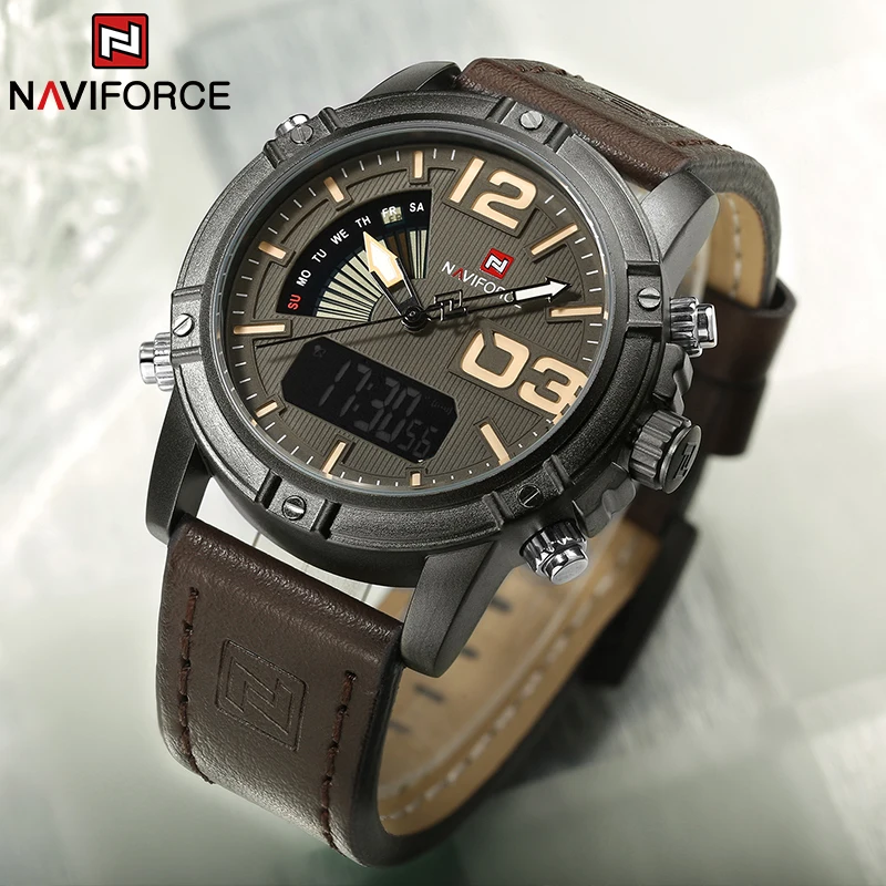 Leather Watch Band Men - NAVIFORCE Topmerk herenhorloge Multifunctioneel LED digitaal